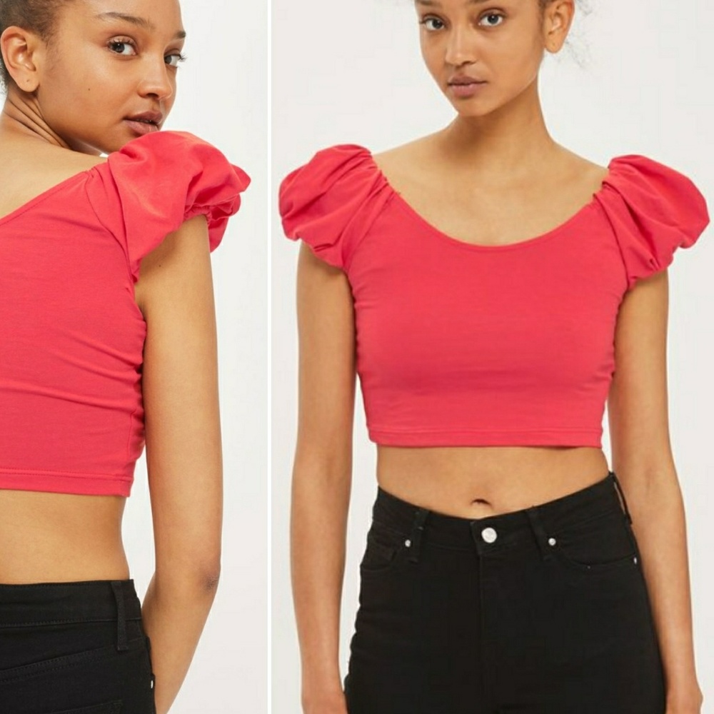 TopShop Bubble Sleeve Crop Top Cherry Red Sz 8